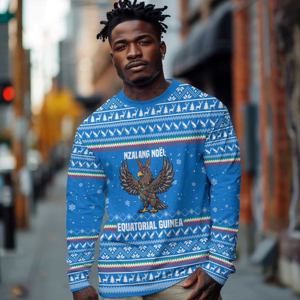Equatorial Guinea Christmas Long Sleeve Shirt Nzalang Noel Eagle Flag Snowflakes - African Pride