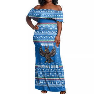 Equatorial Guinea Christmas Off Shoulder Maxi Dress Nzalang Noel Eagle Flag Snowflakes - African Pride