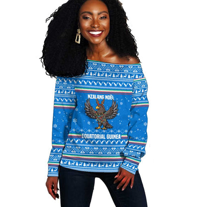 Equatorial Guinea Christmas Off Shoulder Sweater Nzalang Noel Eagle Flag Snowflakes - African Pride
