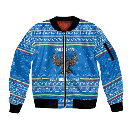 Equatorial Guinea Christmas Sleeve Zip Bomber Jacket Nzalang Noel Eagle Flag Snowflakes - African Pride