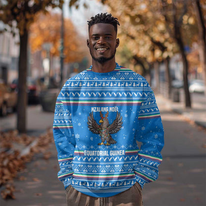 Equatorial Guinea Christmas Sweatshirt Nzalang Noel Eagle Flag Snowflakes - African Pride