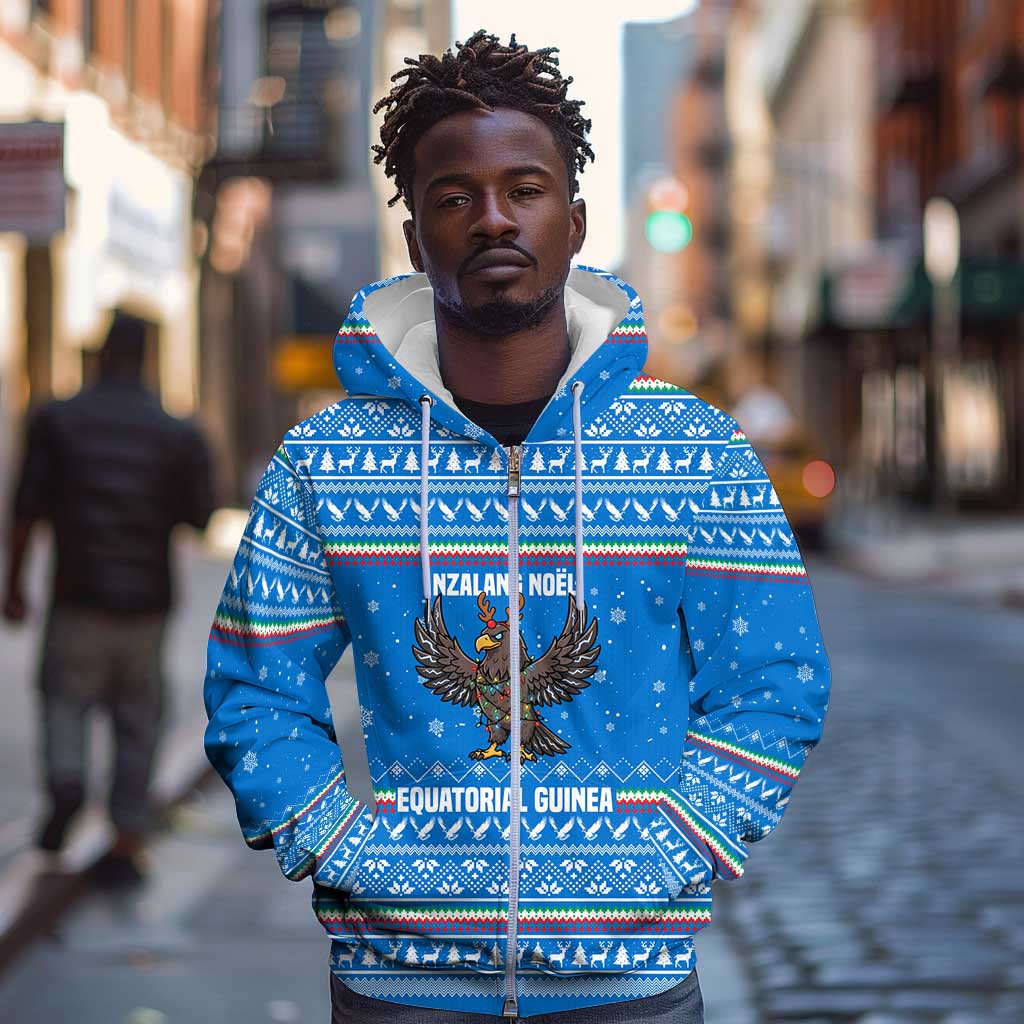 Equatorial Guinea Christmas Zip Hoodie Nzalang Noel Eagle Flag Snowflakes - African Pride