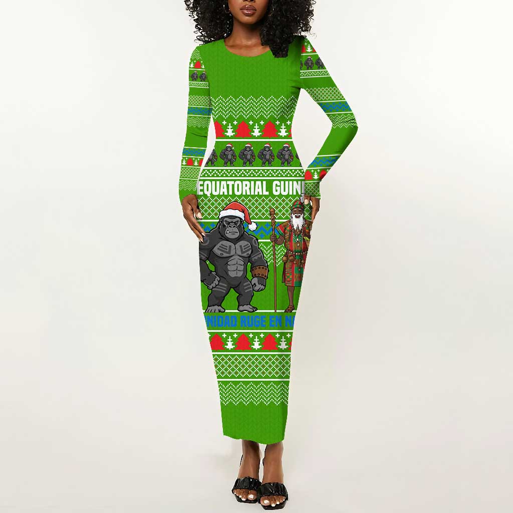 Equatorial Guinea Christmas Long Sleeve Bodycon Dress Santa Gorilla Gift Basket - African Pride