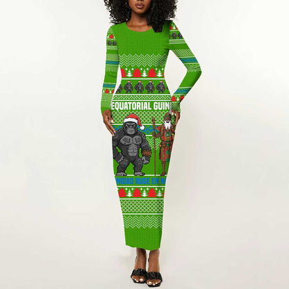 Equatorial Guinea Christmas Long Sleeve Bodycon Dress Santa Gorilla Gift Basket - African Pride