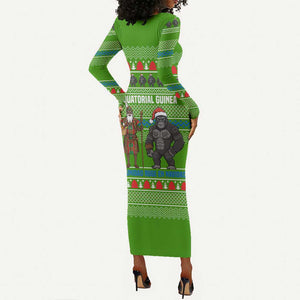Equatorial Guinea Christmas Long Sleeve Bodycon Dress Santa Gorilla Gift Basket - African Pride