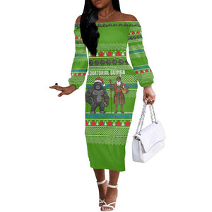Equatorial Guinea Christmas Off The Shoulder Long Sleeve Dress Santa Gorilla Gift Basket - African Pride
