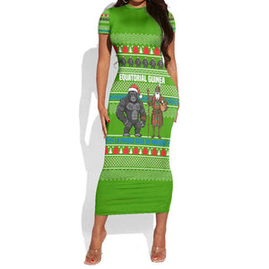 Equatorial Guinea Christmas Short Sleeve Bodycon Dress Santa Gorilla Gift Basket - African Pride