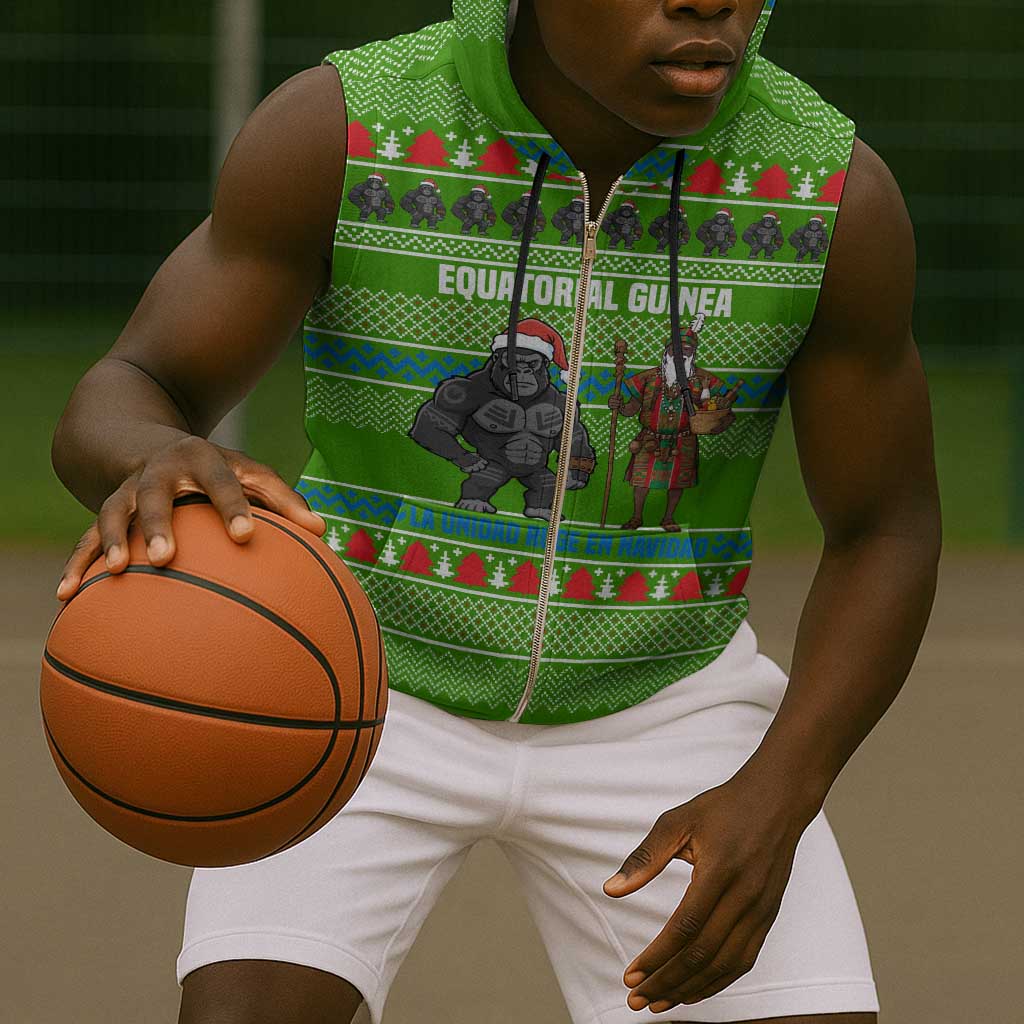 Equatorial Guinea Christmas Sleeveless Zip Hoodie Santa Gorilla Gift Basket - African Pride