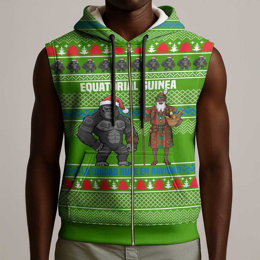 Equatorial Guinea Christmas Sleeveless Zip Hoodie Santa Gorilla Gift Basket - African Pride