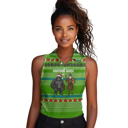 Equatorial Guinea Christmas Women Sleeveless Polo Shirt Santa Gorilla Gift Basket - African Pride