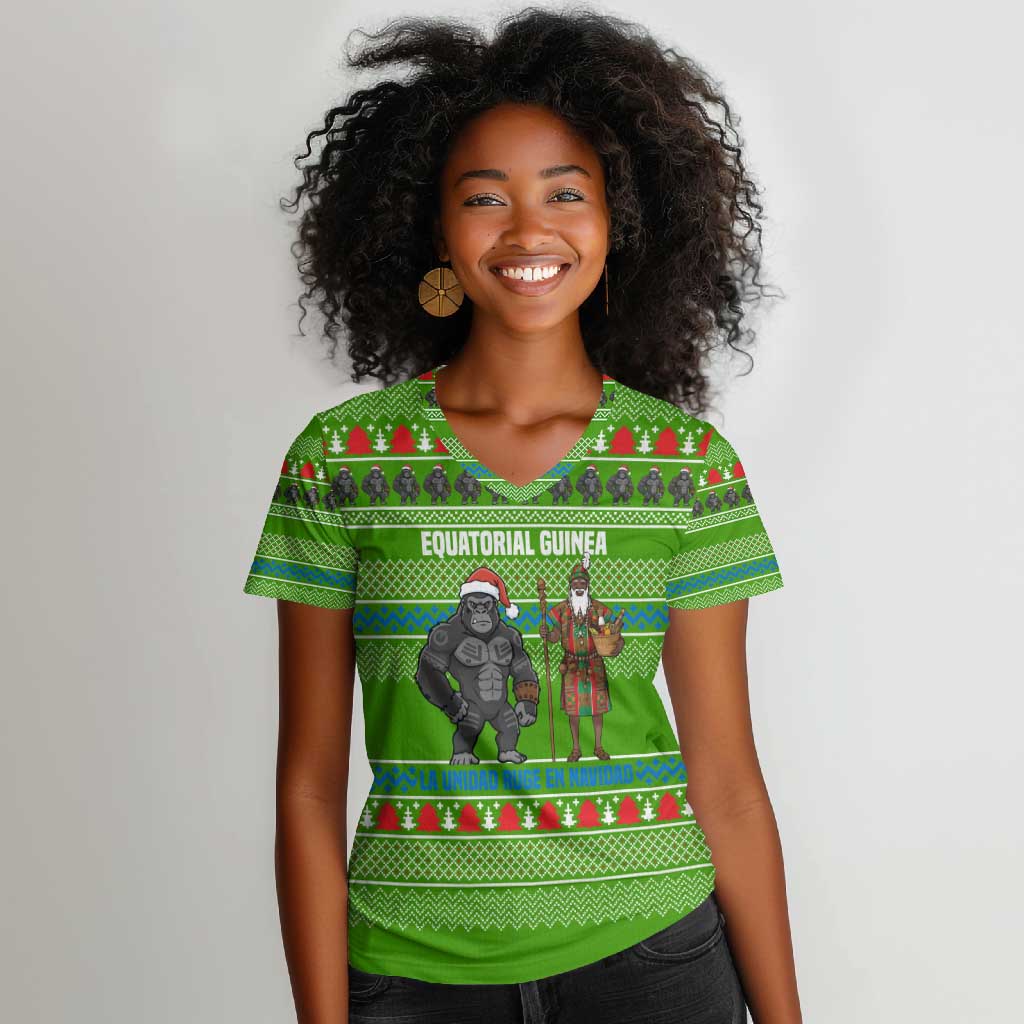 Equatorial Guinea Christmas Women V-Neck T-Shirt Santa Gorilla Gift Basket - African Pride