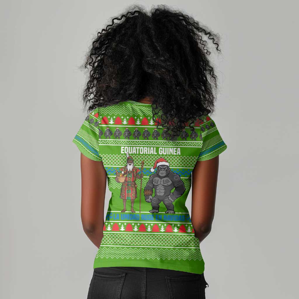 Equatorial Guinea Christmas Women V-Neck T-Shirt Santa Gorilla Gift Basket - African Pride