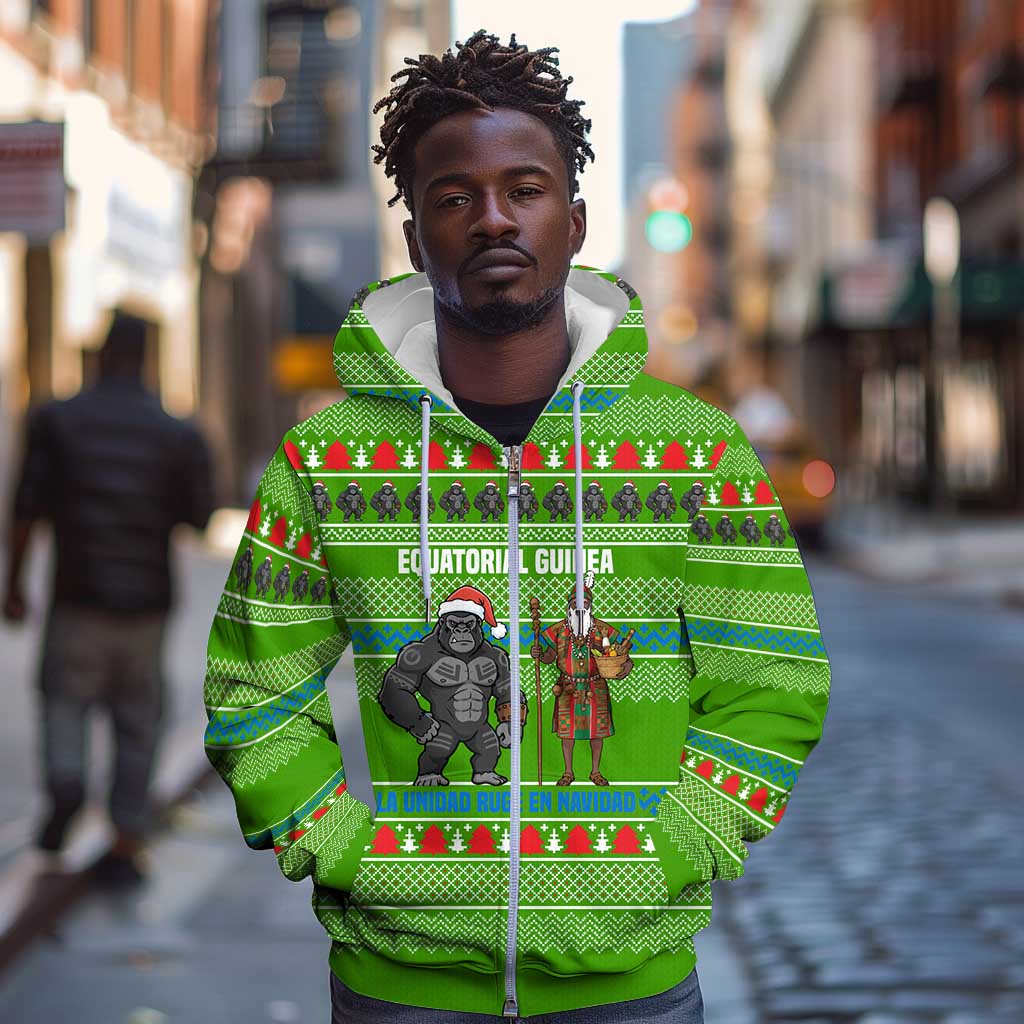 Equatorial Guinea Christmas Zip Hoodie Santa Gorilla Gift Basket - African Pride