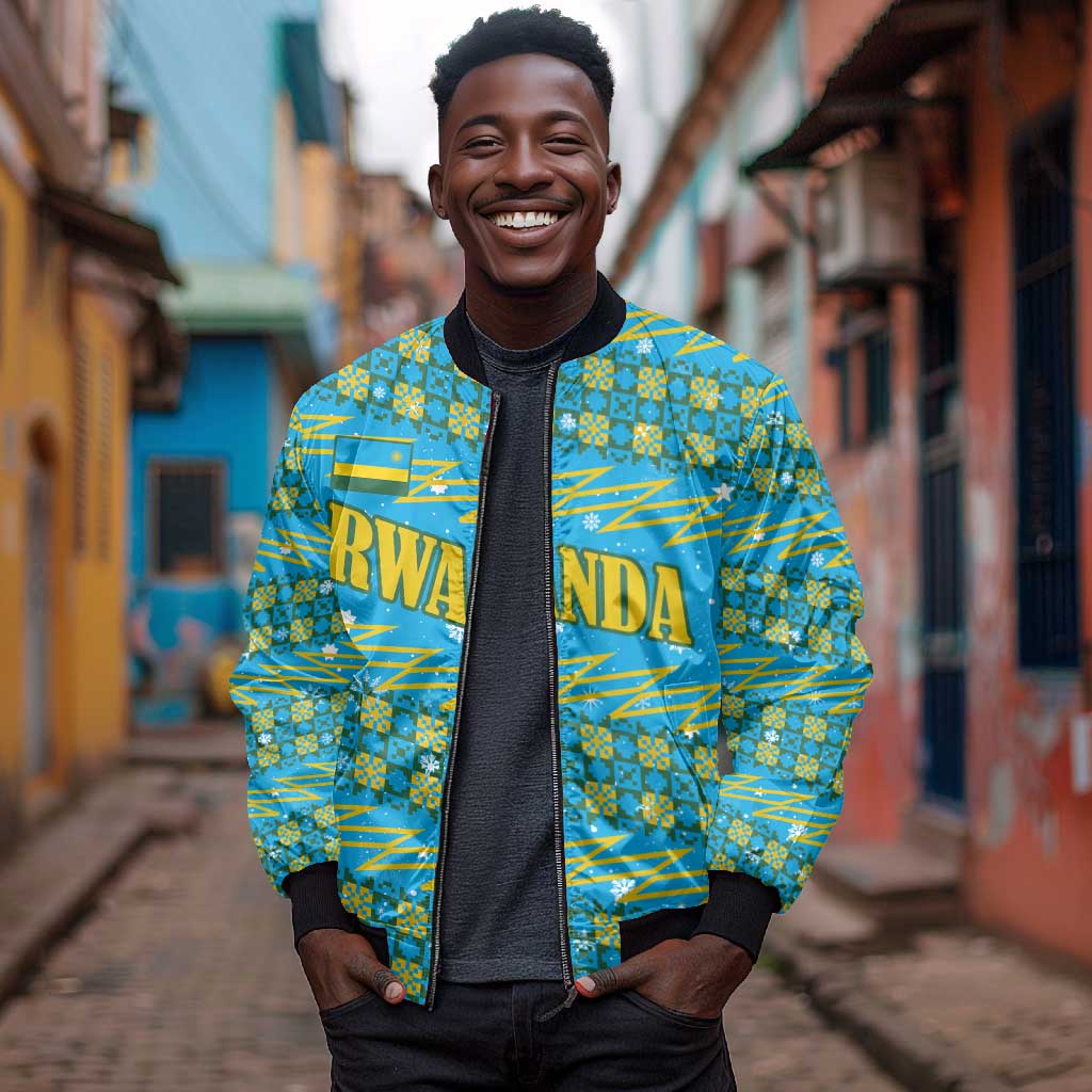 Rwanda Christmas Bomber Jacket Festive Geometric Motifs and Bold Typography - African Pride
