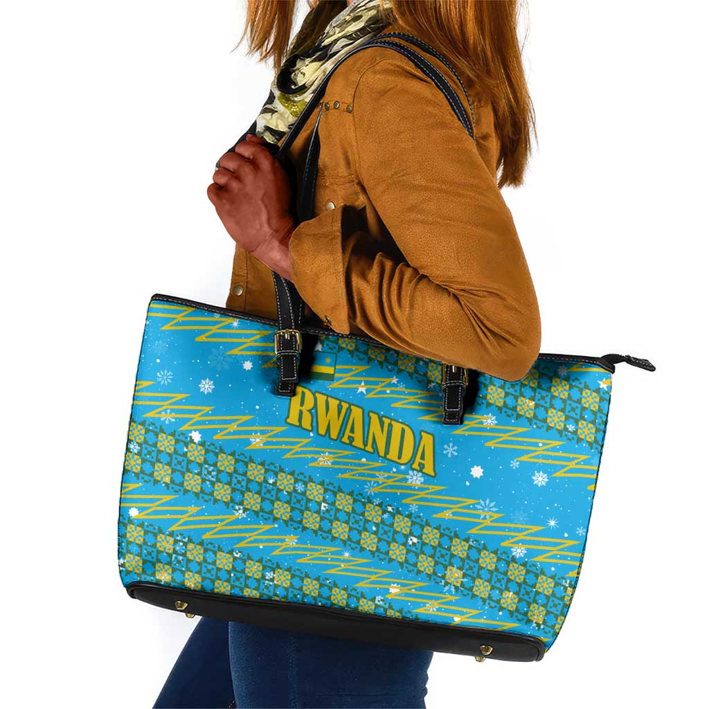 Rwanda Christmas Leather Tote Bag Festive Geometric Motifs and Bold Typography - African Pride