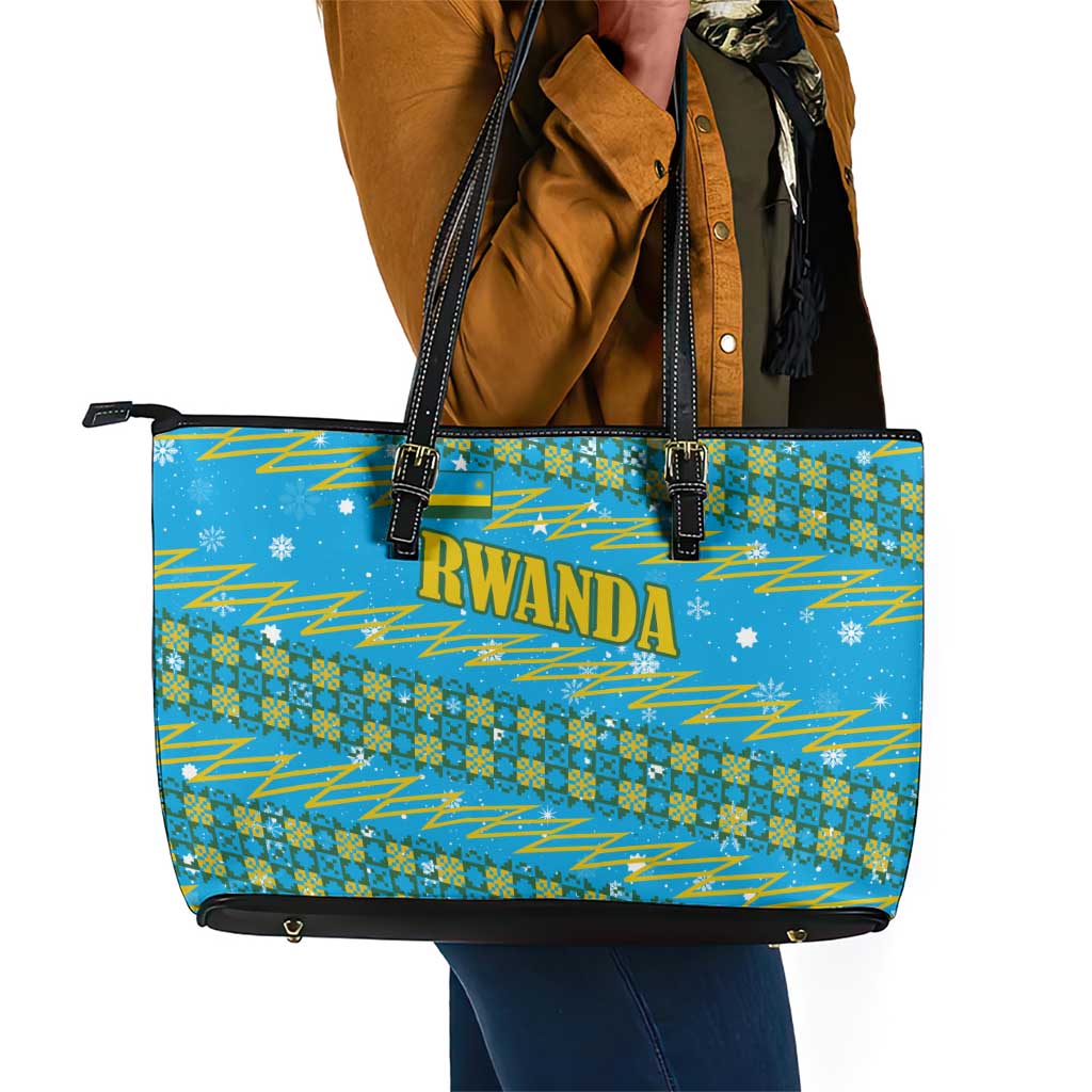 Rwanda Christmas Leather Tote Bag Festive Geometric Motifs and Bold Typography - African Pride