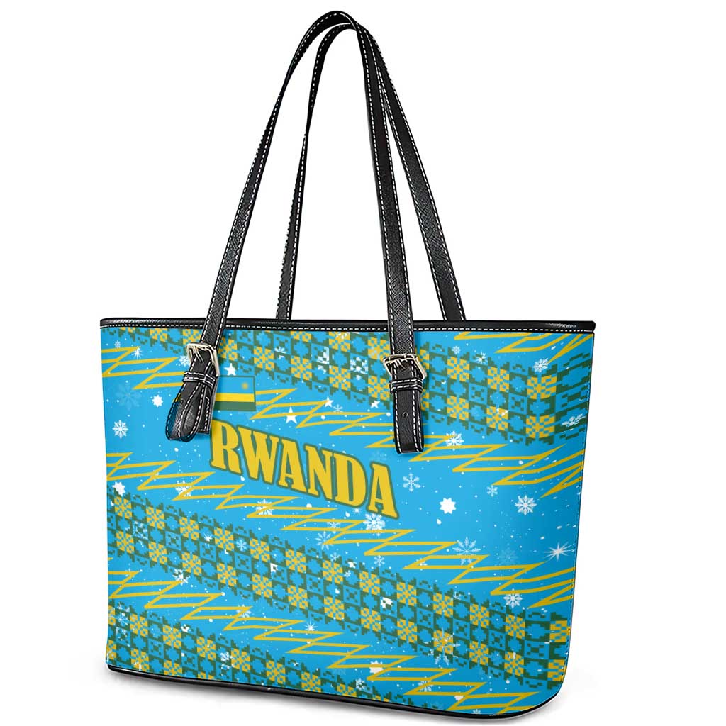 Rwanda Christmas Leather Tote Bag Festive Geometric Motifs and Bold Typography - African Pride