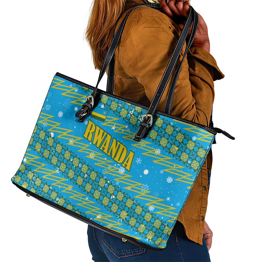 Rwanda Christmas Leather Tote Bag Festive Geometric Motifs and Bold Typography - African Pride
