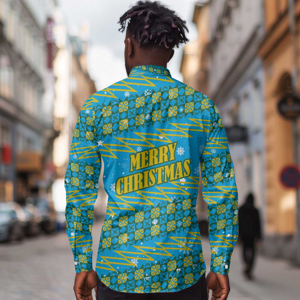 Rwanda Christmas Long Sleeve Button Shirt Festive Geometric Motifs and Bold Typography - African Pride