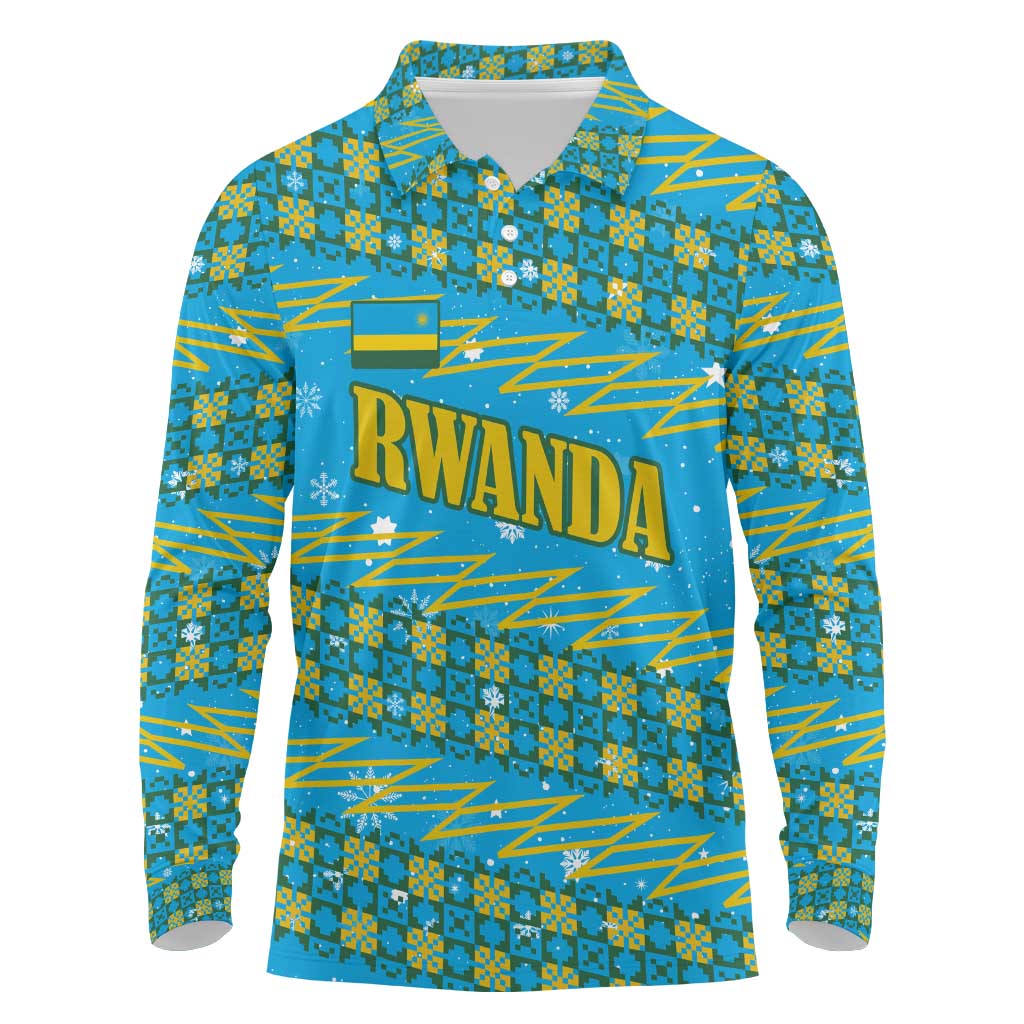 Rwanda Christmas Long Sleeve Polo Shirt Festive Geometric Motifs and Bold Typography - African Pride