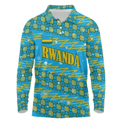 Rwanda Christmas Long Sleeve Polo Shirt Festive Geometric Motifs and Bold Typography - African Pride