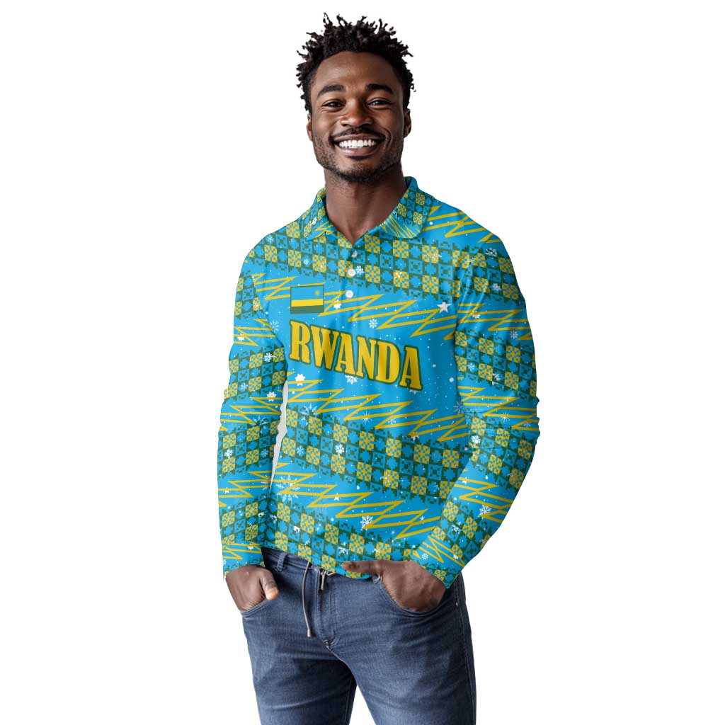 Rwanda Christmas Long Sleeve Polo Shirt Festive Geometric Motifs and Bold Typography - African Pride