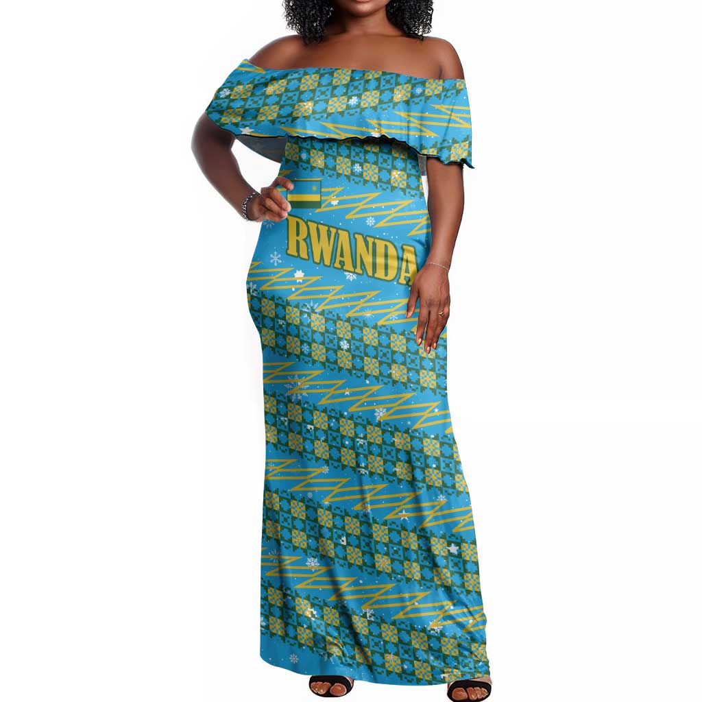 Rwanda Christmas Off Shoulder Maxi Dress Festive Geometric Motifs and Bold Typography - African Pride