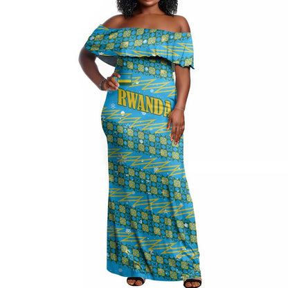 Rwanda Christmas Off Shoulder Maxi Dress Festive Geometric Motifs and Bold Typography - African Pride