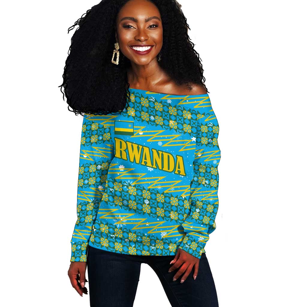 Rwanda Christmas Off Shoulder Sweater Festive Geometric Motifs and Bold Typography - African Pride