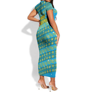 Rwanda Christmas Short Sleeve Bodycon Dress Festive Geometric Motifs and Bold Typography - African Pride