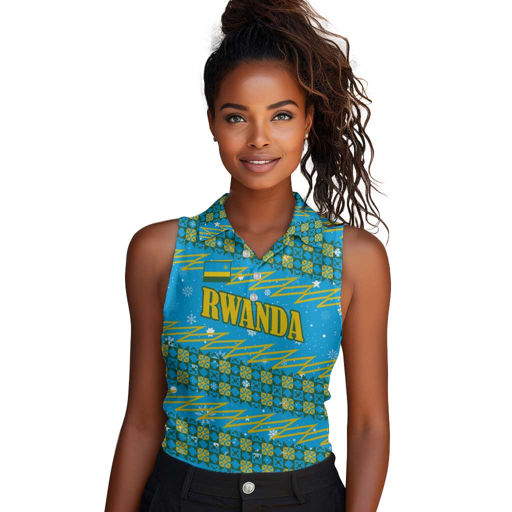 Rwanda Christmas Women Sleeveless Polo Shirt Festive Geometric Motifs and Bold Typography - African Pride