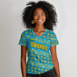 Rwanda Christmas Women V-Neck T-Shirt Festive Geometric Motifs and Bold Typography - African Pride