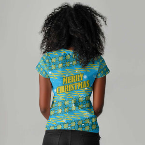 Rwanda Christmas Women V-Neck T-Shirt Festive Geometric Motifs and Bold Typography - African Pride