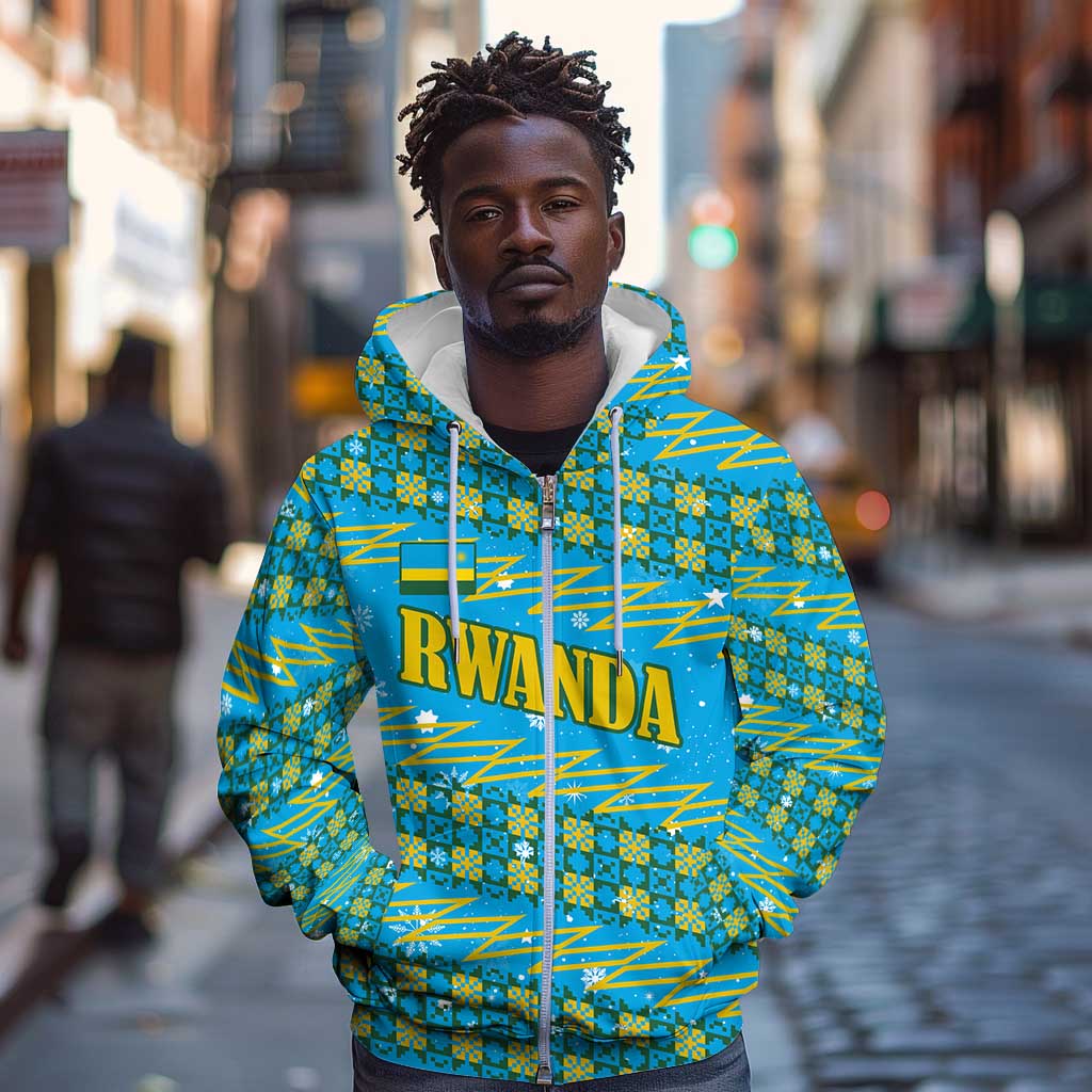 Rwanda Christmas Zip Hoodie Festive Geometric Motifs and Bold Typography - African Pride