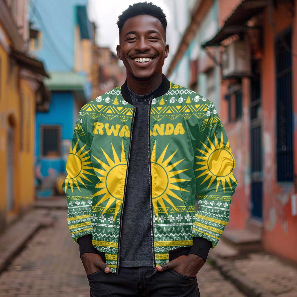 Rwanda Christmas Bomber Jacket National Emblem and Radiant Sun Motif - African Pride