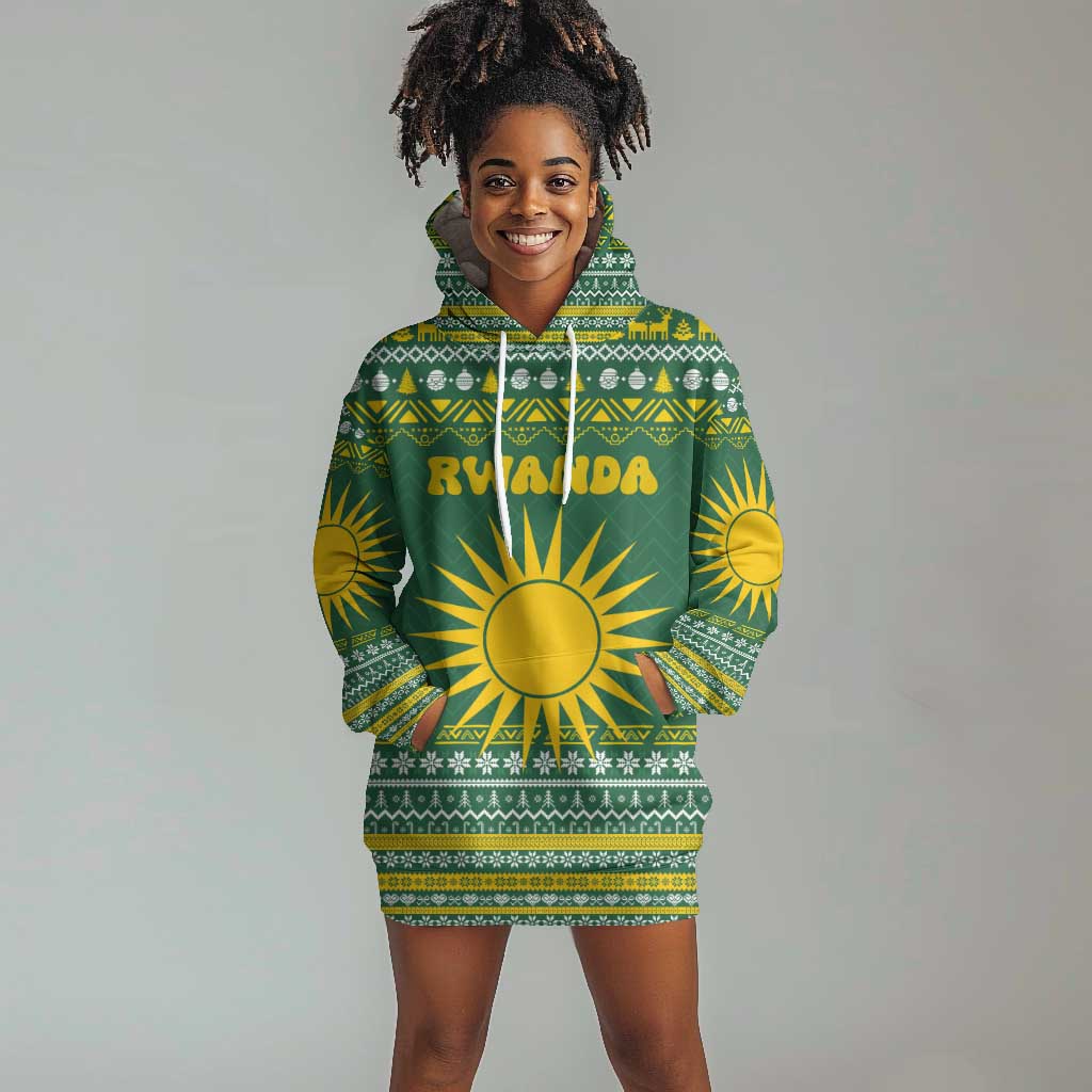 Rwanda Christmas Hoodie Dress National Emblem and Radiant Sun Motif - African Pride