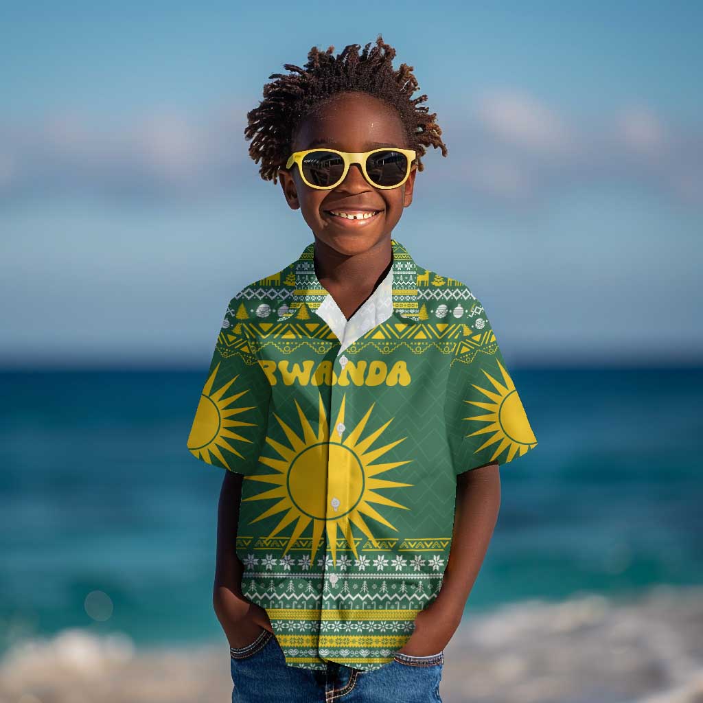Rwanda Christmas Kid Hawaiian Shirt National Emblem and Radiant Sun Motif - African Pride
