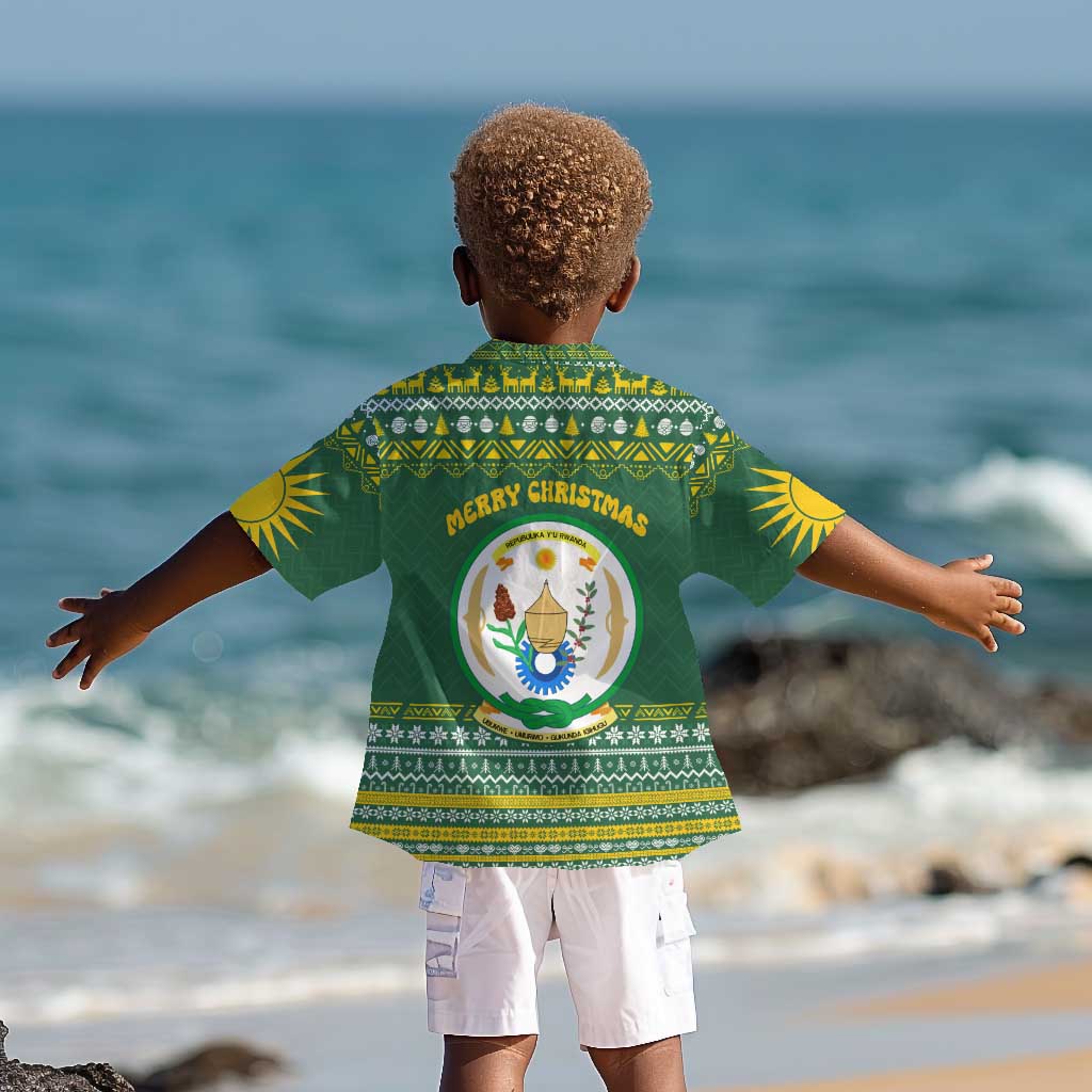 Rwanda Christmas Kid Hawaiian Shirt National Emblem and Radiant Sun Motif - African Pride