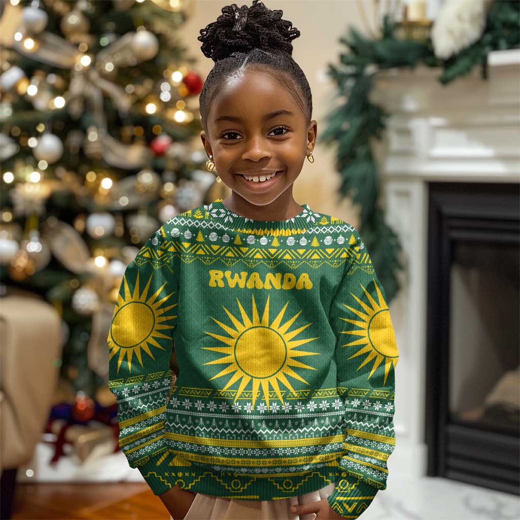 Rwanda Christmas Kid Ugly Christmas Sweater National Emblem and Radiant Sun Motif - African Pride