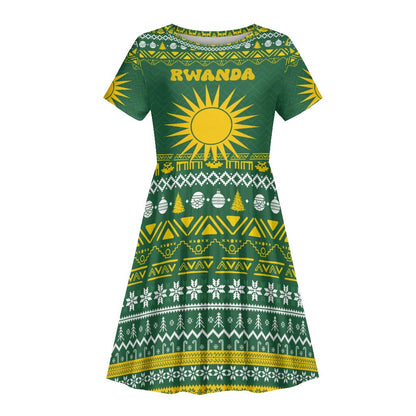 Rwanda Christmas Kid Short Sleeve Dress National Emblem and Radiant Sun Motif - African Pride