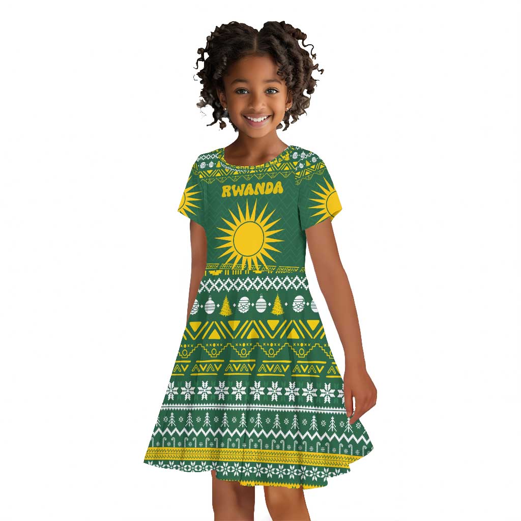 Rwanda Christmas Kid Short Sleeve Dress National Emblem and Radiant Sun Motif - African Pride