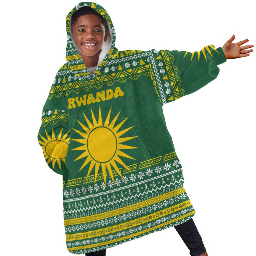 Rwanda Christmas Kid Wearable Blanket Hoodie National Emblem and Radiant Sun Motif - African Pride