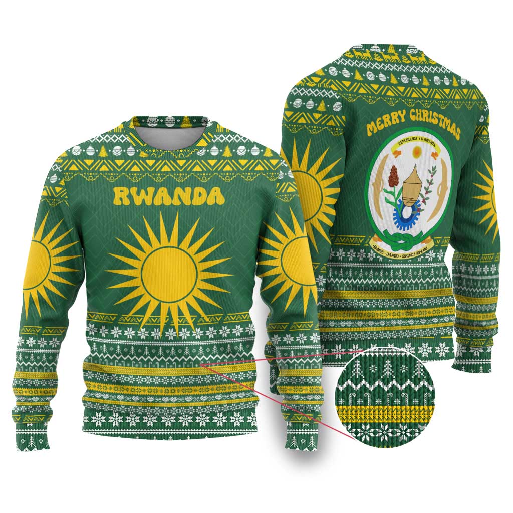 Rwanda Christmas Ugly Christmas Sweater National Emblem and Radiant Sun Motif - African Pride