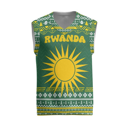 Rwanda Christmas Knitted V-Neck Vest National Emblem and Radiant Sun Motif - African Pride