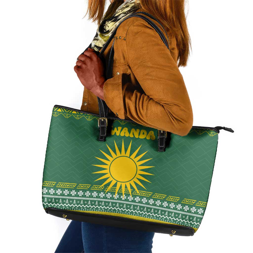 Rwanda Christmas Leather Tote Bag National Emblem and Radiant Sun Motif - African Pride