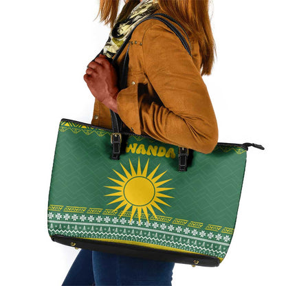 Rwanda Christmas Leather Tote Bag National Emblem and Radiant Sun Motif - African Pride