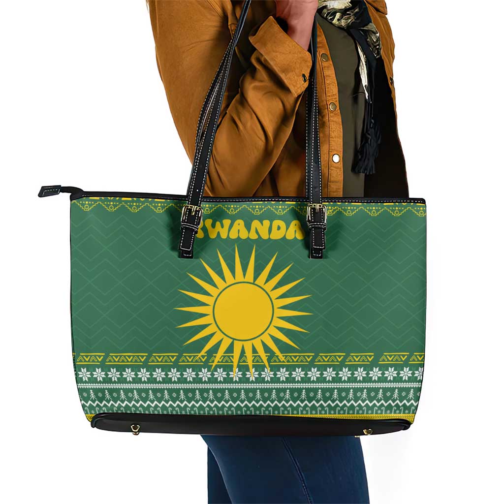 Rwanda Christmas Leather Tote Bag National Emblem and Radiant Sun Motif - African Pride