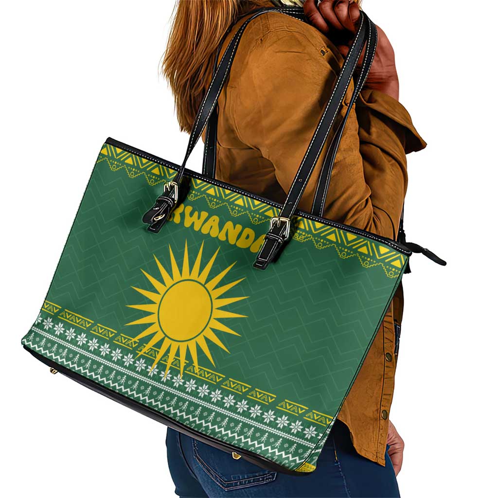 Rwanda Christmas Leather Tote Bag National Emblem and Radiant Sun Motif - African Pride