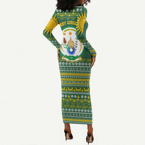 Rwanda Christmas Long Sleeve Bodycon Dress National Emblem and Radiant Sun Motif - African Pride