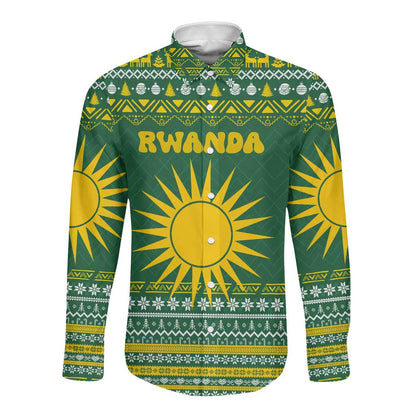 Rwanda Christmas Long Sleeve Button Shirt National Emblem and Radiant Sun Motif - African Pride